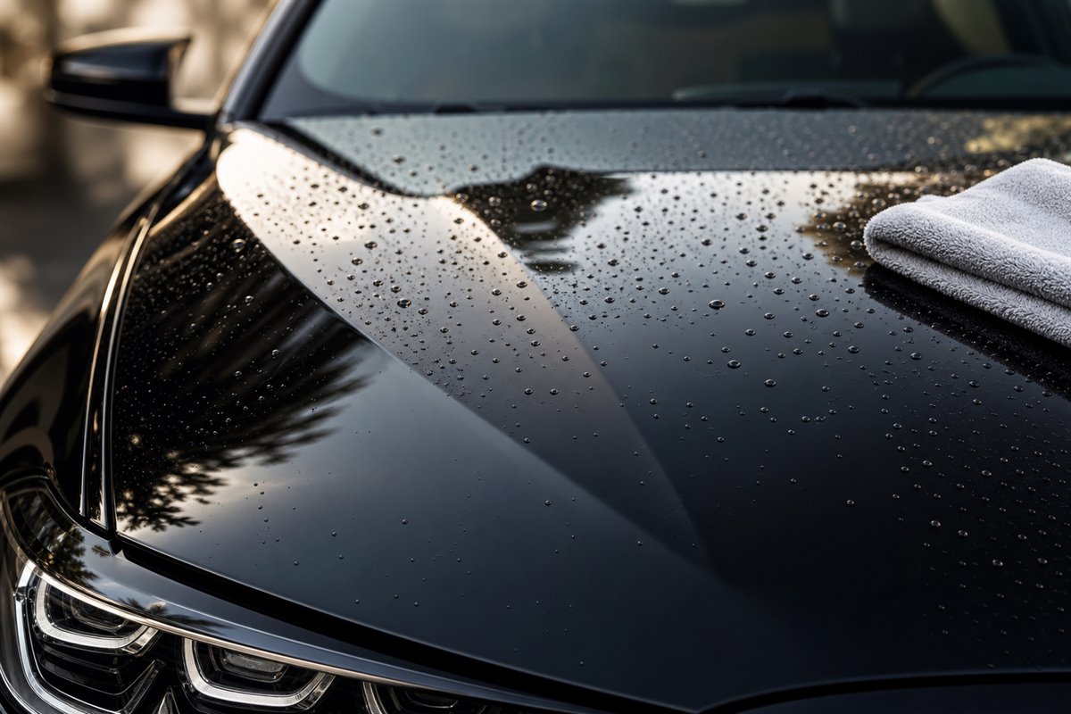 Glossy waxed black paint with water beading